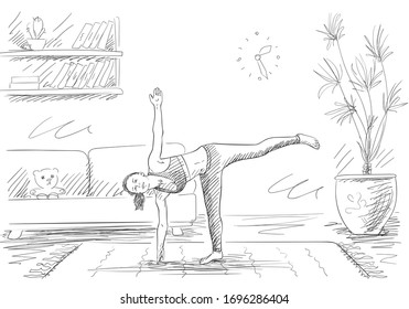 Woman doing yoga, Standing on one leg in living room, Self isolation at coronavirus quarantine time, Hand drawn illustration Vector sketch