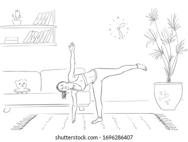 Woman doing yoga, Standing on one leg in living room, Self isolation at coronavirus quarantine time, Hand drawn linear illustration Vector sketch