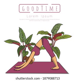 Woman doing yoga, Stay home and exercise concept, In cozy modern interior. Hand drawn style, vector illustration.