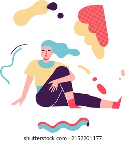 Woman doing yoga stretch with geometric colorful figures