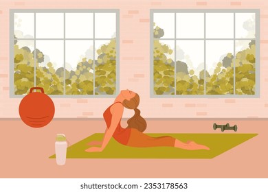 Woman doing yoga or stretches on mat vector illustration. Cartoon drawing of girl exercising at home or gym, water bottle, exercise ball, dumbbells. Active lifestyle, sports, fitness concept