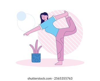 Woman doing yoga stretching at home in casual clothes. Training balance. Character design. Vector flat illustration