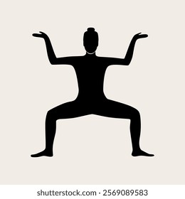 Woman doing Yoga, sumo pose. Slim girl doing yoga. Hand drawn black silhouette Vector illustration. Weight Loss. Health care and lifestyle concept. Female yoga.