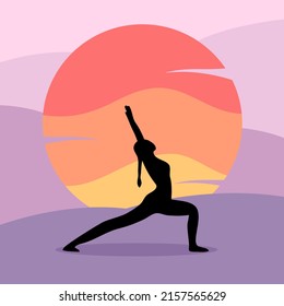 Woman doing yoga at sunset in flat design. Sunset meditation silhouette.