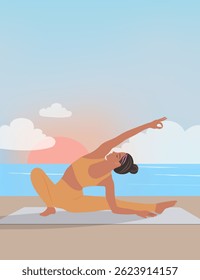 Woman doing yoga at sunset on the beach