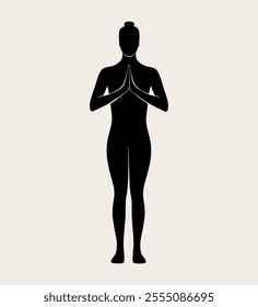 Woman doing Yoga, tadasana pose. Slim girl doing yoga. Hand drawn black silhouette Vector illustration. Weight Loss. Health care and lifestyle concept. Female yoga.