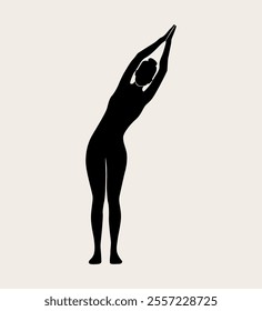 Woman doing Yoga, tadasana pose. Slim girl doing yoga. Hand drawn black silhouette Vector illustration. Weight Loss. Health care and lifestyle concept. Female yoga.