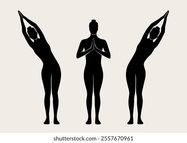 Woman doing Yoga, tadasana pose. Slim girl doing yoga. Hand drawn black silhouette Vector illustration. Weight Loss. Health care and lifestyle concept. Female yoga.