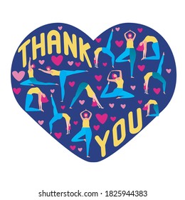 Woman doing yoga and text Thank you as a concept of gratitude, thanksgiving, yoga, asanas, meditation. Flat vector stock illustration with girl, yoga and heart isolated on white background