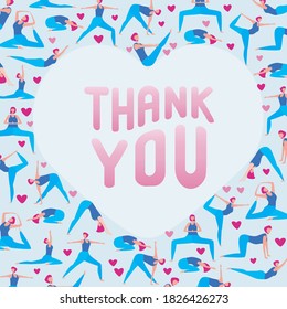 Woman doing yoga and text Thank you as a square thank you card for web. Flat vector stock illustration of heart shaped as concept of gratitude meditation, yoga of spirituality