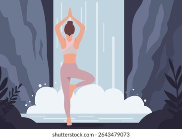 Woman doing yoga tree pose in front of a waterfall. Meditation and wellness concept for stress relief and healthy lifestyle.