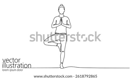 Woman doing yoga tree pose one line. Female character performing asana fitness training. Print wellness studio app website. Minimalist continuous line drawing white background