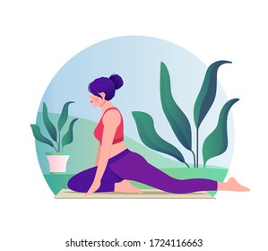 Woman doing yoga vector flat illustration on nature background