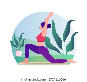 Woman doing yoga vector flat illustration on nature background