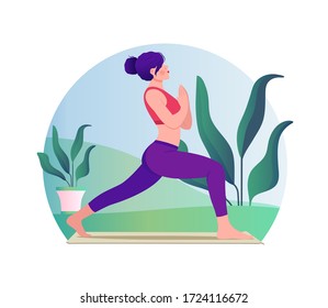 Mujer haciendo ilustraciones planas vectoriales de yoga sobre fondo natural