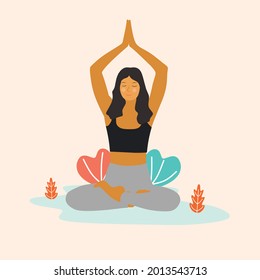 Woman doing yoga. Vector flat design self care day.