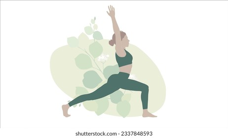 Mujer haciendo guerrero de yoga 1 pose con flores en segundo plano