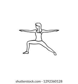 Woman doing yoga in warrior pose hand drawn outline doodle icon. Wellness, healthy lifestyle, yoga poses concept. Vector sketch illustration for print, web, mobile and infographics on white background