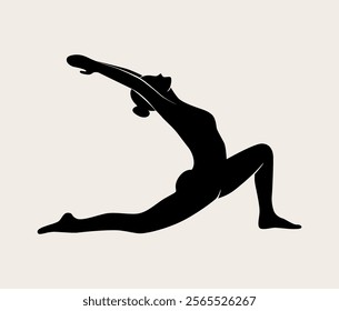 Woman doing Yoga, warrior pose. Slim girl doing yoga. Hand drawn black silhouette Vector illustration. Weight Loss. Health care and lifestyle concept. Female yoga.