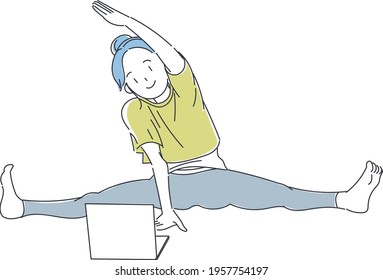 A woman doing yoga while watching remote instruction