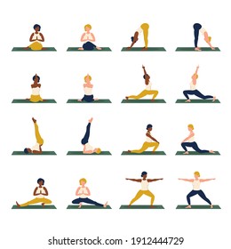 Woman doing yoga. White background. Black skin woman. White skin woman. Vector illustration in flat style.