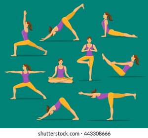 Mujer Haciendo Entrenamiento De Yoga. Conjunto Asanas. Árbol, Guerrero uno, dos, tres, Barco, Lotus Meditación, Hacia Abajo Enfrentando Perro, Hacia Arriba Enfrentando Poses Perros