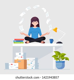 Woman doing yoga at workplace in office. Worker sitting in padmasana lotus pose on desk with flying paper, meditating, relaxing, calm down and manage stress. Vector flat design