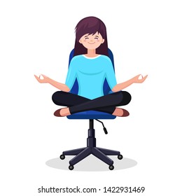 Woman doing yoga at workplace in office. Worker sitting in padmasana lotus pose on chair, meditating, relaxing, calm down and manage stress. Vector flat design