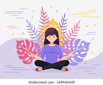 Woman doing yoga. Yogi sitting in padmasana lotus pose, meditating, relaxing, calm down and manage stress. Vector cartoon design