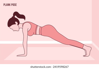 Una mujer haciendo ejercicio de Plank Pose. Ilustración vectorial plana