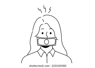 Woman with dollar banknote on mouth get bribe. Female with money covering face engaged in corruption and bribery. Vector illustration. 