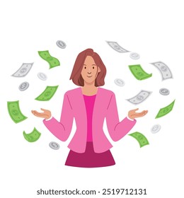 Mulher com nota de dólar e moeda estão todos ao redor, conceito de ilustração de dinheiro com atividade. Ilustração de vetor plano.