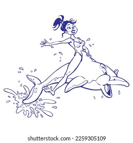 A Woman And A Dolphin Vector Illustration. Woman Riding A Dolphin