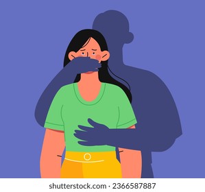 Woman with domestic violence concept. Young girl near shadow of man. Guy covers womans mouth. Psychological abuse in family. Poster or banner for website. Cartoon flat vector illustration