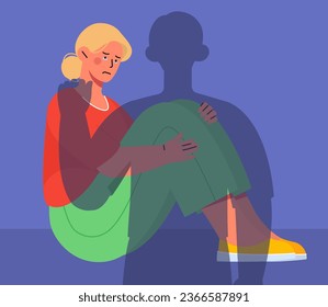 Woman with domestic violence concept. Young girl near shadow. Psychological abuse in family. Frightened crying young girl. Frustration and depression. Cartoon flat vector illustration