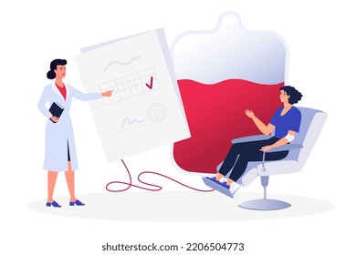 Woman Donating Blood. Doctor And A Donor. Donor Day. Ad, Banner, Web. Blood Donation Concept. Charity, Humanitarian Aid. Medical Record. Flat Vector Illustration. Infographics. 