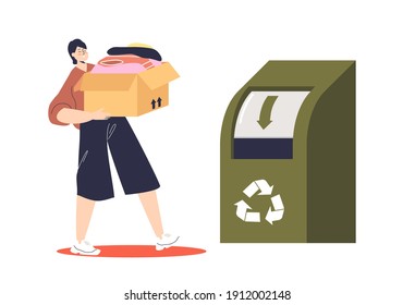 Woman donating box of used clothes for recycling throwing in container with recycle sign. Recycled fabric and cloth and eco friendly production. Flat vector illustration