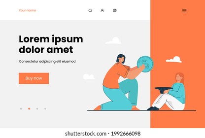 Woman donating money to poor girl. Flat vector illustration. Female character putting giant gold coin in hat that little girl holding. Charity, donation, money concept for banner design, landing page