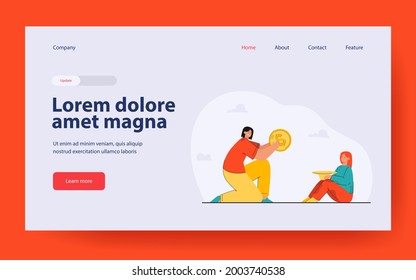 Woman donating money to poor girl. Flat vector illustration. Female character putting giant gold coin in hat that little girl holding. Charity, donation, money concept for banner design, landing page