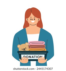 Woman donating unused items. Save the world. Earth day. Environmental sustainability. Flat cartoon style vector illustration isolated on white background