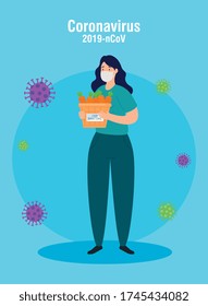 woman with donation basket wicker , social care, volunteering and charity concept vector illustration design