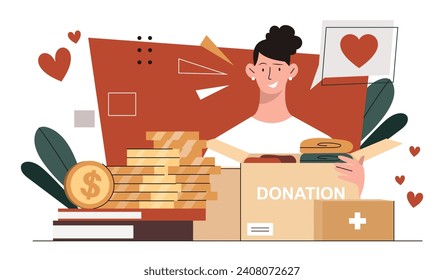 Woman with donation box. Young girl with golden coins and clothes. Activist and volunteer at charitable organization and fund. Generosity and kindness. Cartoon flat vector illustration