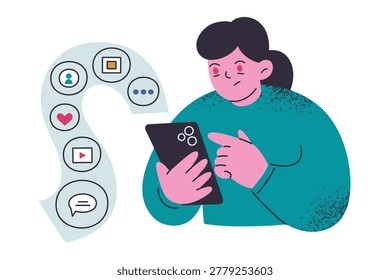 Woman doomscrolling on smartphone, flat cartoon female character endlessly browsing social media feed, profile, video, message icons. Digital addiction, online content consumption vector illustration