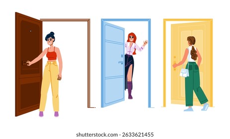 mulher no vetor da porta. portal do limiar, moldura da passagem, postura pose mulher sombra no personagem da porta. ilustração de desenhos animados plana de pessoas