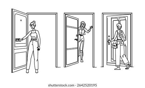 woman in doorway vector. threshold portal, passage frame, stance pose shadow woman in doorway character. people black line pencil drawing illustration