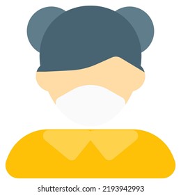 Woman with double bun carrying face mask.