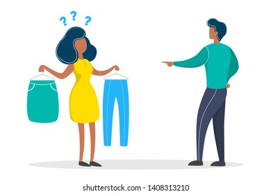 Woman in doubt choose what to wear and ask for help. Man looking and pointing at skirt or pants. Choosing clothes. Isolated vector illustration in cartoon style