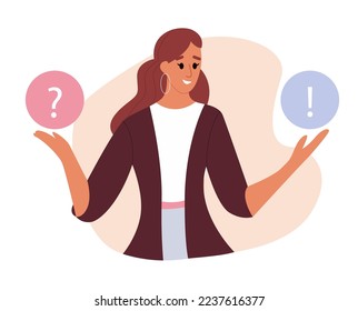 Woman doubting. Confused businesswoman making difficult choice. Flat vector illustration isolated on white background.