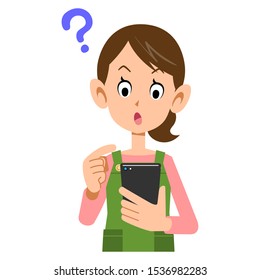 Woman in doubts wearing an apron to operate a smartphone