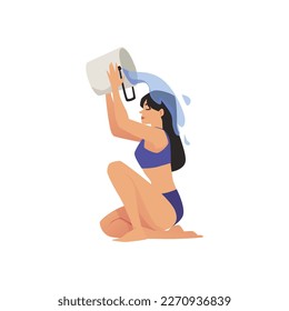 Woman douses herself with water from bucket to harden the body and maintain immunity, flat vector illustration isolated on white background. Disease resistance.